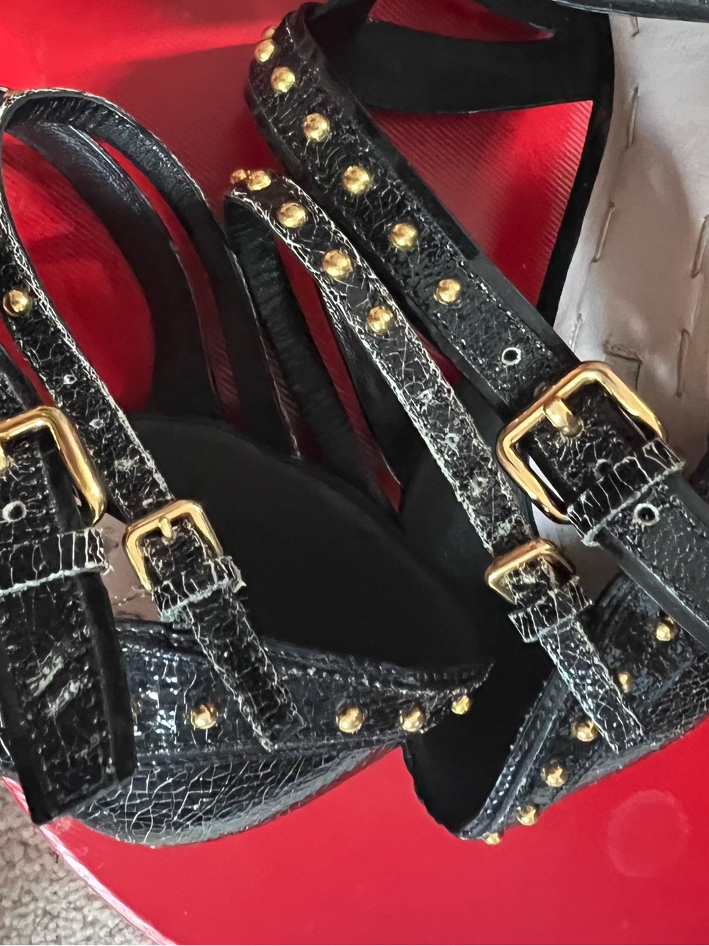 Miu Miu Black Crackled Leather Studded Strappy High-Heel Sandals ā¤ļøāš„ - Picture 4 of 16
